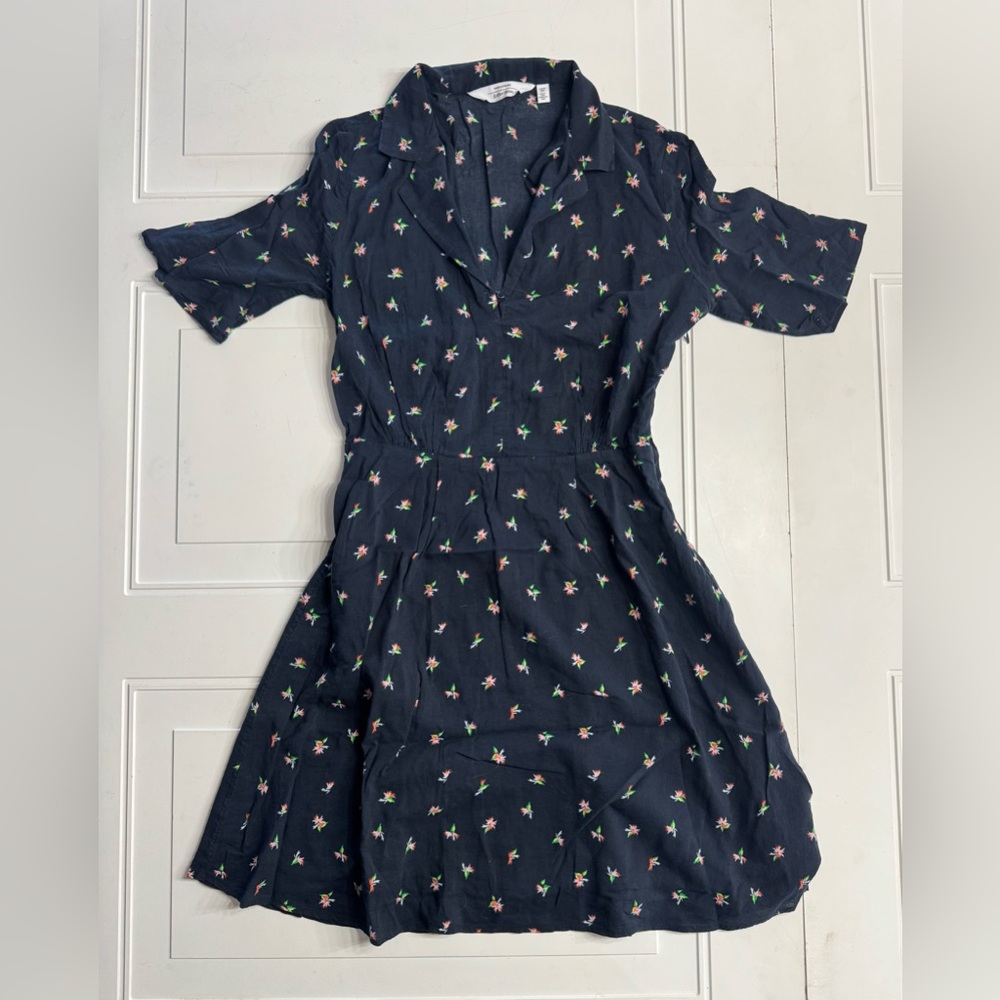 Paris Atelier & Other Stories Fit Flare Navy Blue Floral Collar Midi Dress Sz 6
